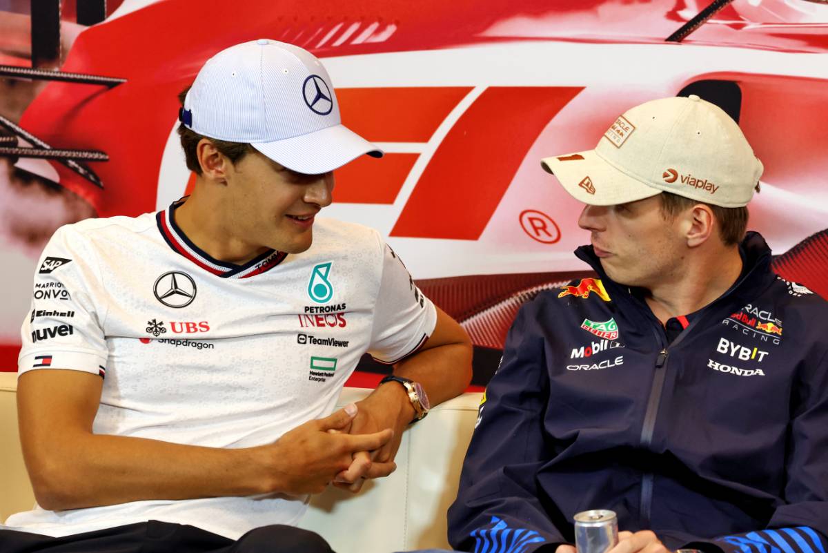 (Left to right): George Russell (GBR) Mercedes AMG F1 and Max Verstappen (NLD) Red Bull Racing at the FIA ​​press conference.  May 23, 2024.  Formula 1 World Championship, Rd 8, Monaco Grand Prix, Monte Carlo, Monaco, preparation day.  - www.xpbimages.com, Email: request@xpbimages.com © Copyright: Moy / XPB Images