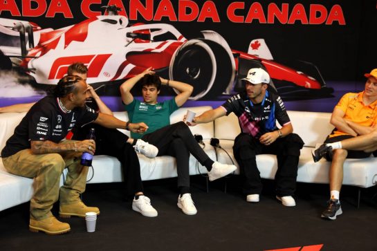 (L to R): Lewis Hamilton (GBR) Mercedes AMG F1; Nico Hulkenberg (GER) Haas F1 Team; Lance Stroll (CDN) Aston Martin F1 Team; Pierre Gasly (FRA) Alpine F1 Team; and Esteban Ocon (FRA) Alpine F1 Team, in the FIA Press Conference.
06.06.2024. Formula 1 World Championship, Rd 9, Canadian Grand Prix, Montreal, Canada, Preparation Day.
- www.xpbimages.com, EMail: requests@xpbimages.com © Copyright: Bearne / XPB Images
