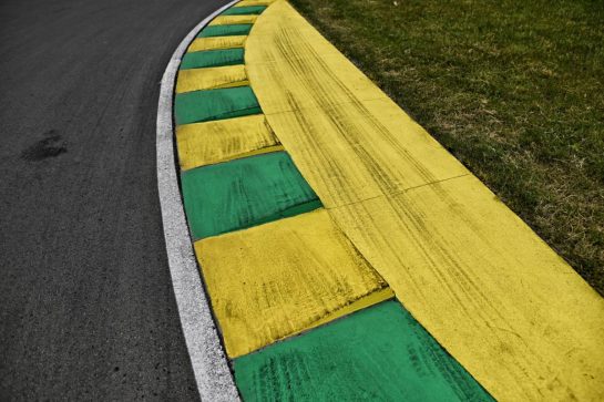 Circuit atmosphere - kerb painted yellow and green in tribute to Ayrton Senna.
06.06.2024. Formula 1 World Championship, Rd 9, Canadian Grand Prix, Montreal, Canada, Preparation Day.
- www.xpbimages.com, EMail: requests@xpbimages.com © Copyright: Price / XPB Images