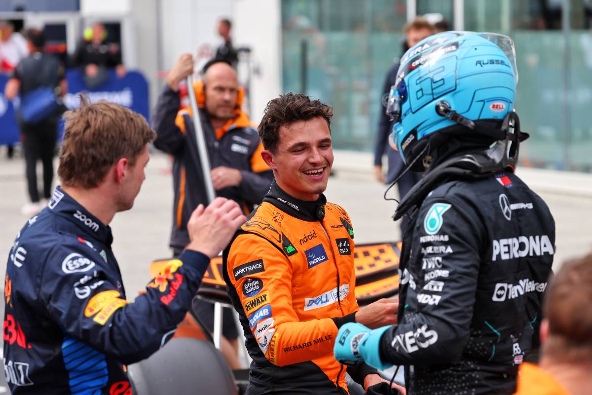 George Russell (GBR) Mercedes AMG F1 (Right) celebrates his pole position in qualifying parc ferme with third placed Lando Norris (GBR) McLaren (Centre) and second placed Max Verstappen (NLD) Red Bull Racing.
08.06.2024. Formula 1 World Championship, Rd 9, Canadian Grand Prix, Montreal, Canada, Qualifying Day.
- www.xpbimages.com, EMail: requests@xpbimages.com © Copyright: Batchelor / XPB Images