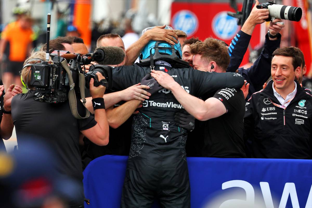 George Russell (GBR) Mercedes AMG F1 celebrates his pole position in qualifying parc ferme with the team. 08.06.2024. Formula 1 World Championship, Rd 9, Canadian Grand Prix, Montreal, Canada, Qualifying Day. - www.xpbimages.com, EMail: requests@xpbimages.com © Copyright: Batchelor / XPB Images