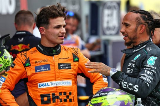 (L to R): Pole sitter Lando Norris (GBR) McLaren with third placed Lewis Hamilton (GBR) Mercedes AMG F1 in qualifying parc ferme.
22.06.2024. Formula 1 World Championship, Rd 10, Spanish Grand Prix, Barcelona, Spain, Qualifying Day.
- www.xpbimages.com, EMail: requests@xpbimages.com © Copyright: Coates / XPB Images