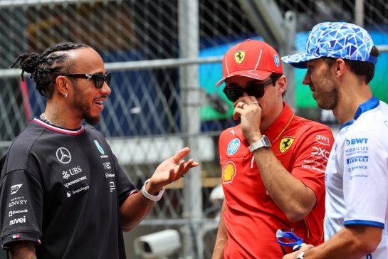 (L to R): Lewis Hamilton (GBR) Mercedes AMG F1; Charles Leclerc (MON) Ferrari; and Pierre Gasly (FRA) Alpine F1 Team, on the drivers' parade.
23.06.2024. Formula 1 World Championship, Rd 10, Spanish Grand Prix, Barcelona, Spain, Race Day.
- www.xpbimages.com, EMail: requests@xpbimages.com © Copyright: Batchelor / XPB Images