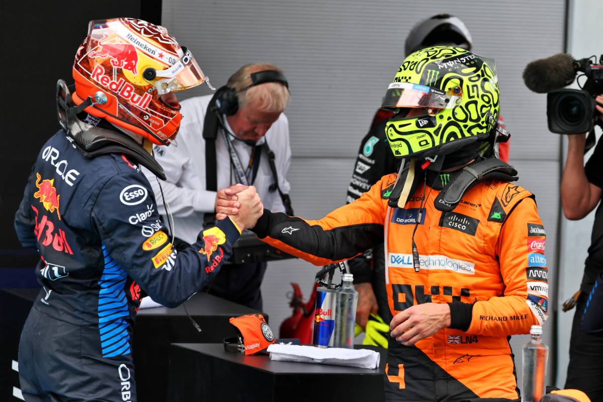 (L to R): Race winner Max Verstappen (NLD) Red Bull Racing in parc ferme with second placed Lando Norris (GBR) McLaren. 23.06.2024. Formula 1 World Championship, Rd 10, Spanish Grand Prix, Barcelona, Spain, Race Day. - www.xpbimages.com, EMail: requests@xpbimages.com © Copyright: Moy / XPB Images