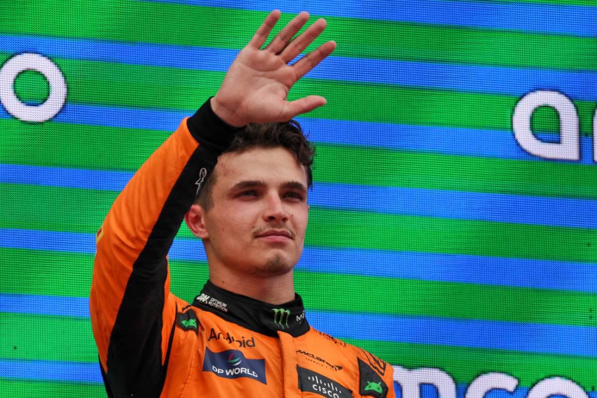 Lando Norris (GBR) McLaren celebrates his second position on the podium. 23.06.2024. Formula 1 World Championship, Rd 10, Spanish Grand Prix, Barcelona, Spain, Race Day. - www.xpbimages.com, EMail: requests@xpbimages.com © Copyright: Rew / XPB Images