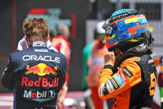 (L to R): Sprint winner Max Verstappen (NLD) Red Bull Racing in parc ferme with second placed Oscar Piastri (AUS) McLaren.
29.06.2024. Formula 1 World Championship, Rd 11, Austrian Grand Prix, Spielberg, Austria, Sprint and Qualifying Day.
- www.xpbimages.com, EMail: requests@xpbimages.com © Copyright: Charniaux / XPB Images