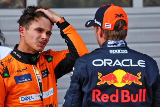 (L to R): Second placed Lando Norris (GBR) McLaren with pole sitter Max Verstappen (NLD) Red Bull Racing in qualifying parc ferme.
29.06.2024. Formula 1 World Championship, Rd 11, Austrian Grand Prix, Spielberg, Austria, Sprint and Qualifying Day.
- www.xpbimages.com, EMail: requests@xpbimages.com © Copyright: Batchelor / XPB Images