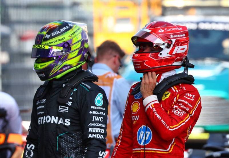 (L to R): Lewis Hamilton (GBR) Mercedes AMG F1 and Charles Leclerc (MON) Ferrari in qualifying parc ferme. 29.06.2024. Formula 1 World Championship, Rd 11, Austrian Grand Prix, Spielberg, Austria, Sprint and Qualifying Day. - www.xpbimages.com, EMail: requests@xpbimages.com © Copyright: Coates / XPB Images