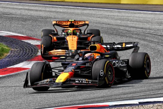 Max Verstappen (NLD) Red Bull Racing RB20 leads Lando Norris (GBR) McLaren MCL38.
30.06.2024. Formula 1 World Championship, Rd 11, Austrian Grand Prix, Spielberg, Austria, Race Day.
 - www.xpbimages.com, EMail: requests@xpbimages.com © Copyright: Coates / XPB Images