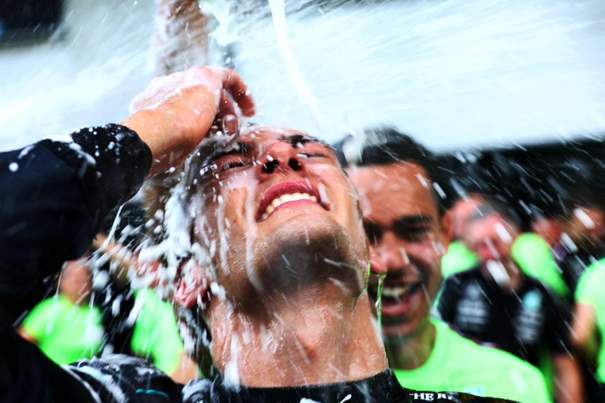 Race winner George Russell (GBR) Mercedes AMG F1 celebrates with the team after the race. 30.06.2024. Formula 1 World Championship, Rd 11, Austrian Grand Prix, Spielberg, Austria, Race Day. - www.xpbimages.com, EMail: requests@xpbimages.com © Copyright: Coates / XPB Images