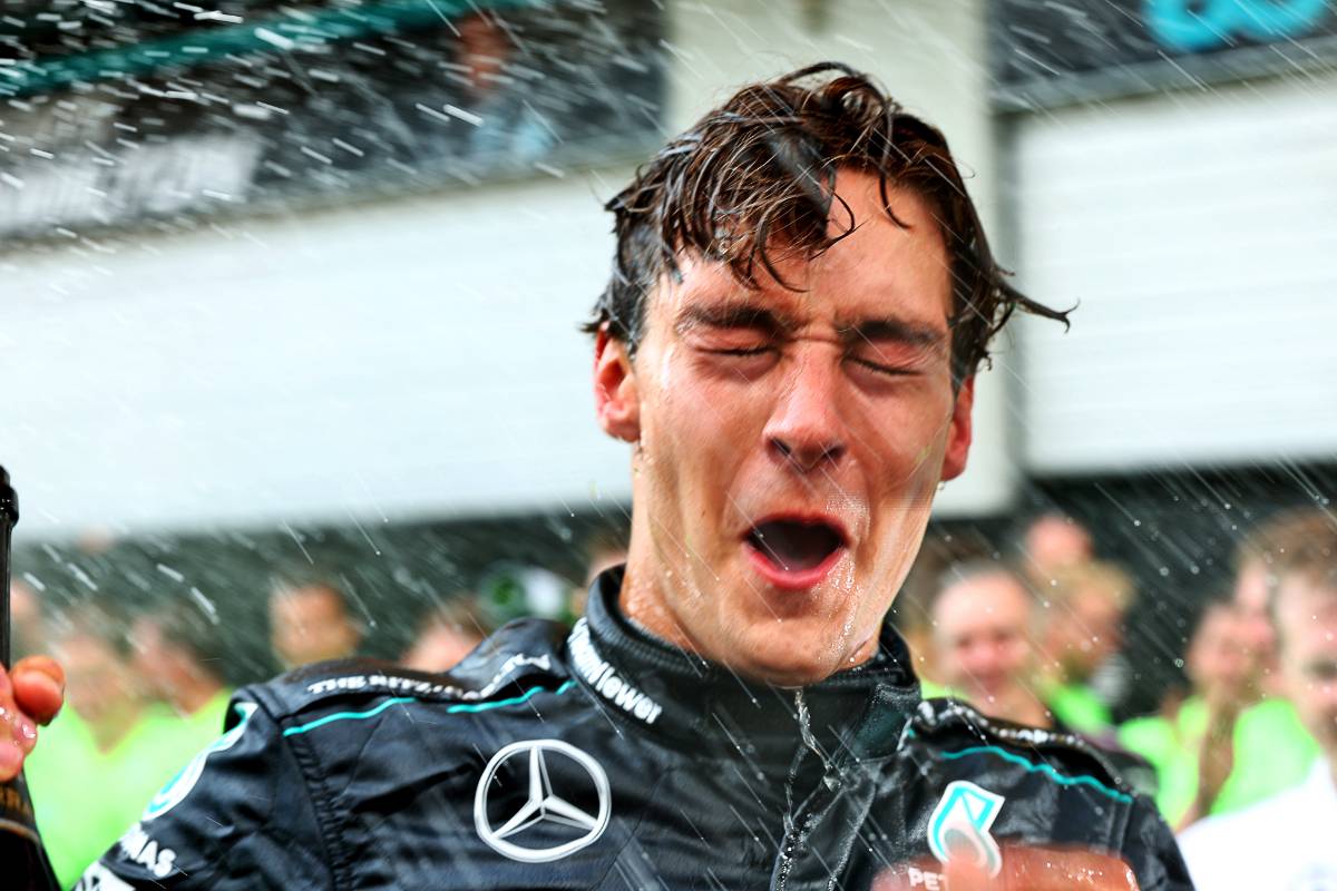 Race winner George Russell (GBR) Mercedes AMG F1 celebrates with the team after the race.
30.06.2024. Formula 1 World Championship, Rd 11, Austrian Grand Prix, Spielberg, Austria, Race Day.
 - www.xpbimages.com, EMail: requests@xpbimages.com © Copyright: Coates / XPB Images