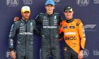 Qualifying top three in parc ferme (L to R): Lewis Hamilton (GBR) Mercedes AMG F1, second; George Russell (GBR) Mercedes AMG F1, pole position; Lando Norris (GBR) McLaren, third. 06.07.2024. Formula 1 World Championship, Rd 12, British Grand Prix, Silverstone, England, Qualifying Day. - www.xpbimages.com, EMail: requests@xpbimages.com © Copyright: Batchelor / XPB Images