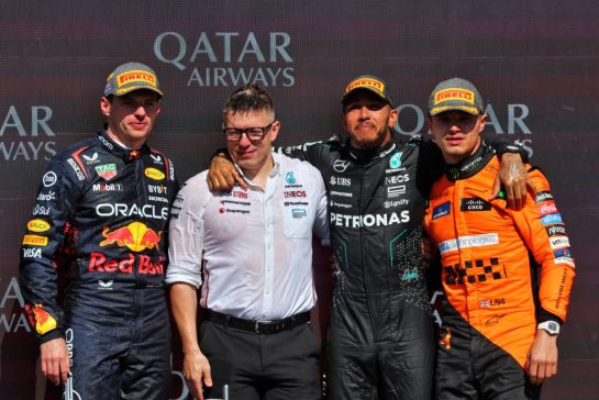 The podium (L to R): Max Verstappen (NLD) Red Bull Racing, second; Peter Bonnington (GBR) Mercedes AMG F1 Race Engineer; Lewis Hamilton (GBR) Mercedes AMG F1, race winner; Lando Norris (GBR) McLaren, third.
07.07.2024. Formula 1 World Championship, Rd 12, British Grand Prix, Silverstone, England, Race Day.
- www.xpbimages.com, EMail: requests@xpbimages.com © Copyright: Batchelor / XPB Images