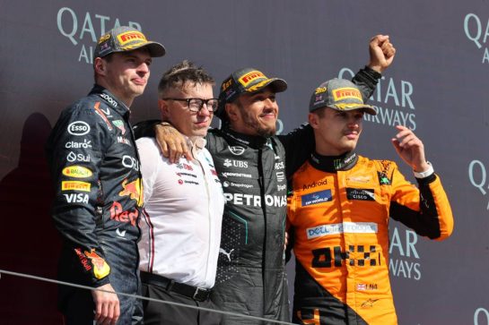 The podium (L to R): Max Verstappen (NLD) Red Bull Racing, second; Peter Bonnington (GBR) Mercedes AMG F1 Race Engineer; Lewis Hamilton (GBR) Mercedes AMG F1, race winner; Lando Norris (GBR) McLaren, third.
07.07.2024. Formula 1 World Championship, Rd 12, British Grand Prix, Silverstone, England, Race Day.
 - www.xpbimages.com, EMail: requests@xpbimages.com © Copyright: Davenport / XPB Images