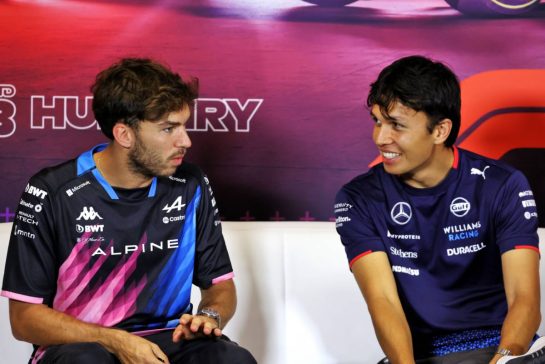 (L to R): Pierre Gasly (FRA) Alpine F1 Team and Alexander Albon (THA) Williams Racing in the FIA Press Conference.
18.07.2024. Formula 1 World Championship, Rd 13, Hungarian Grand Prix, Budapest, Hungary, Preparation Day.
- www.xpbimages.com, EMail: requests@xpbimages.com © Copyright: Bearne / XPB Images