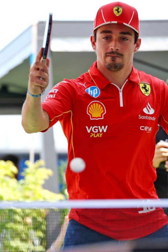 Charles Leclerc (MON) Ferrari plays table tennis in the paddock.
18.07.2024. Formula 1 World Championship, Rd 13, Hungarian Grand Prix, Budapest, Hungary, Preparation Day.
 - www.xpbimages.com, EMail: requests@xpbimages.com © Copyright: Coates / XPB Images