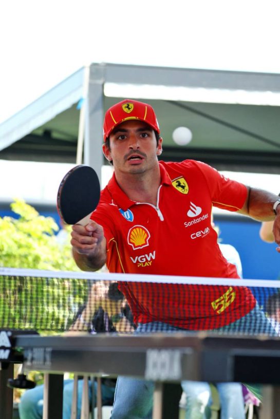 Carlos Sainz Jr (ESP) Ferrari plays table tennis in the paddock.
18.07.2024. Formula 1 World Championship, Rd 13, Hungarian Grand Prix, Budapest, Hungary, Preparation Day.
 - www.xpbimages.com, EMail: requests@xpbimages.com © Copyright: Coates / XPB Images