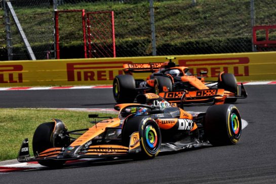 Oscar Piastri (AUS) McLaren MCL38 leads team mate Lando Norris (GBR) McLaren MCL38.
21.07.2024. Formula 1 World Championship, Rd 13, Hungarian Grand Prix, Budapest, Hungary, Race Day.
- www.xpbimages.com, EMail: requests@xpbimages.com © Copyright: Charniaux / XPB Images