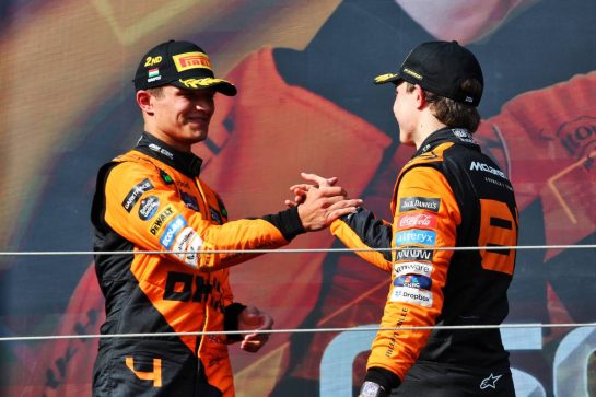 (L to R): Lando Norris (GBR) McLaren celebrates his second position with race winner and team mate Oscar Piastri (AUS) McLaren on the podium.
21.07.2024. Formula 1 World Championship, Rd 13, Hungarian Grand Prix, Budapest, Hungary, Race Day.
- www.xpbimages.com, EMail: requests@xpbimages.com © Copyright: Batchelor / XPB Images