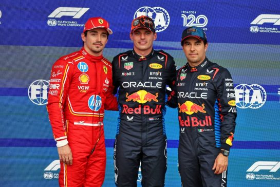 Qualifying top three in parc ferme (L to R): Charles Leclerc (MON) Ferrari, second; Max Verstappen (NLD) Red Bull Racing, pole position; Sergio Perez (MEX) Red Bull Racing, third.
27.07.2024. Formula 1 World Championship, Rd 14, Belgian Grand Prix, Spa Francorchamps, Belgium, Qualifying Day.
- www.xpbimages.com, EMail: requests@xpbimages.com © Copyright: Moy / XPB Images