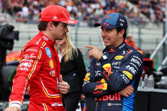 (L to R): Charles Leclerc (MON) Ferrari with Sergio Perez (MEX) Red Bull Racing in qualifying parc ferme.
27.07.2024. Formula 1 World Championship, Rd 14, Belgian Grand Prix, Spa Francorchamps, Belgium, Qualifying Day.
- www.xpbimages.com, EMail: requests@xpbimages.com © Copyright: Moy / XPB Images