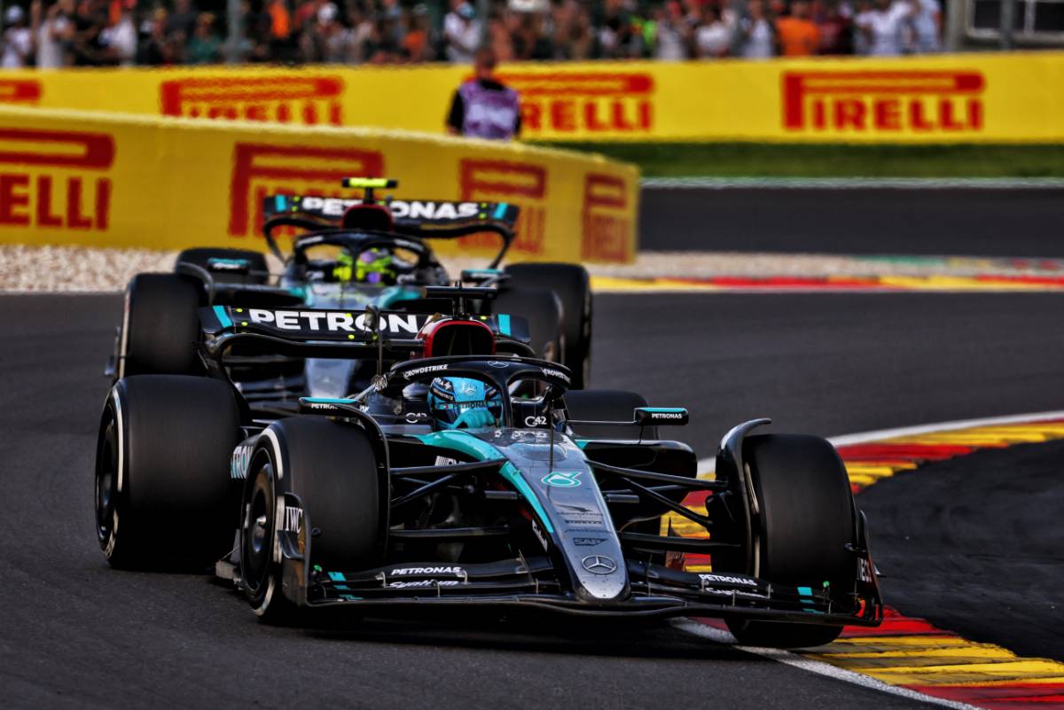 George Russell (GBR) Mercedes AMG F1 W15 leads team mate Lewis Hamilton (GBR) Mercedes AMG F1 W15.
28.07.2024. Formula 1 World Championship, Rd 14, Belgian Grand Prix, Spa Francorchamps, Belgium, Race Day.
 - www.xpbimages.com, EMail: requests@xpbimages.com © Copyright: Coates / XPB Images