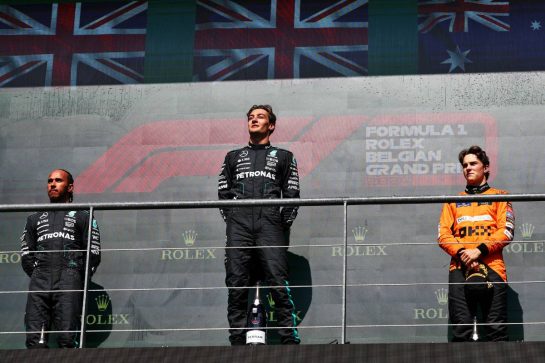 The podium (L to R): Lewis Hamilton (GBR) Mercedes AMG F1, second; George Russell (GBR) Mercedes AMG F1, race winner; Oscar Piastri (AUS) McLaren, third.
28.07.2024. Formula 1 World Championship, Rd 14, Belgian Grand Prix, Spa Francorchamps, Belgium, Race Day.
- www.xpbimages.com, EMail: requests@xpbimages.com © Copyright: Charniaux / XPB Images