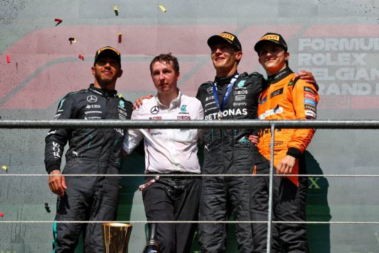 The podium (L to R): Lewis Hamilton (GBR) Mercedes AMG F1, second; Joey McMillan (GBR) Mercedes AMG F1 Lead Race Strategist; George Russell (GBR) Mercedes AMG F1, race winner; Oscar Piastri (AUS) McLaren, third.
28.07.2024. Formula 1 World Championship, Rd 14, Belgian Grand Prix, Spa Francorchamps, Belgium, Race Day.
- www.xpbimages.com, EMail: requests@xpbimages.com © Copyright: Charniaux / XPB Images