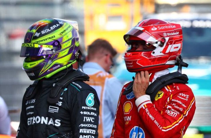 (De izq. a der.): Lewis Hamilton (GBR) Mercedes AMG F1 y Charles Leclerc (MON) Ferrari en el parque cerrado de clasificación. 29.06.2024. Campeonato Mundial de Fórmula 1, Ronda 11, Gran Premio de Austria, Spielberg, Austria, Día de sprint y clasificación. - www.xpbimages.com, Correo electrónico: requests@xpbimages.com © Copyright: Coates / XPB Images