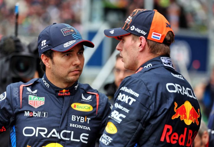 (L to R): Sergio Perez (MEX) Red Bull Racing with team mate Max Verstappen (NLD) Red Bull Racing in qualifying parc ferme. 27.07.2024. Formula 1 World Championship, Rd 14, Belgian Grand Prix, Spa Francorchamps, Belgium, Qualifying Day. - www.xpbimages.com, EMail: requests@xpbimages.com © Copyright: Moy / XPB Images