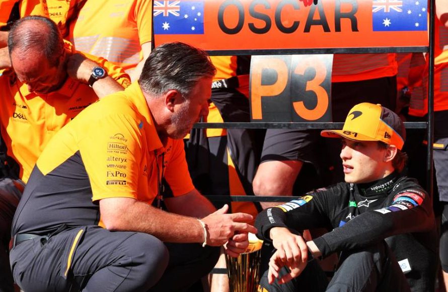 (L to R): Zak Brown (USA) McLaren Executive Director with Oscar Piastri (AUS) McLaren. 28.07.2024. Formula 1 World Championship, Rd 14, Belgian Grand Prix, Spa Francorchamps, Belgium, Race Day. - www.xpbimages.com, EMail: requests@xpbimages.com © Copyright: Coates / XPB Images