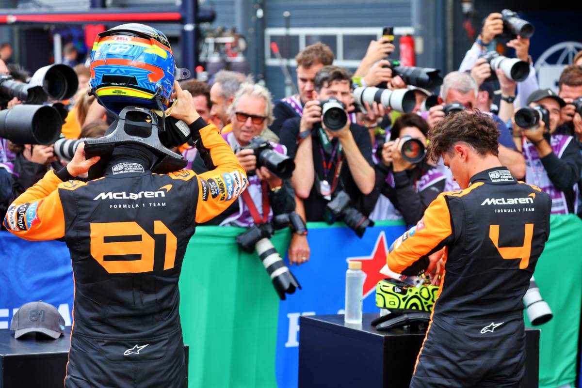 (L to R): Oscar Piastri (AUS) McLaren with pole sitter and team mate Lando Norris (GBR) McLaren in qualifying parc ferme.
24.08.2024. Formula 1 World Championship, Rd 15, Dutch Grand Prix, Zandvoort, Netherlands, Qualifying Day.
- www.xpbimages.com, EMail: requests@xpbimages.com © Copyright: Batchelor / XPB Images