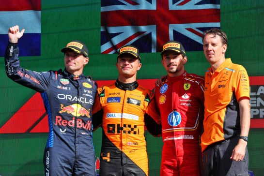 The podium (L to R): Max Verstappen (NLD) Red Bull Racing, second; Lando Norris (GBR) McLaren, race winner; Charles Leclerc (MON) Ferrari, third; William Joseph (GBR) McLaren Race Engineer.
25.08.2024. Formula 1 World Championship, Rd 15, Dutch Grand Prix, Zandvoort, Netherlands, Race Day.
- www.xpbimages.com, EMail: requests@xpbimages.com © Copyright: Batchelor / XPB Images