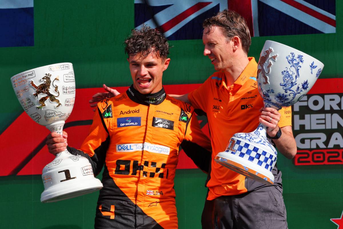 (L to R): Race winner Lando Norris (GBR) McLaren celebrates on the podium with William Joseph (GBR) McLaren Race Engineer. 08/25/2024. Formula 1 World Championship, Rd 15, Dutch Grand Prix, Zandvoort, Netherlands, Race Day. - www.xpbimages.com, EMail: requests@xpbimages.com © Copyright: Batchelor / XPB Images