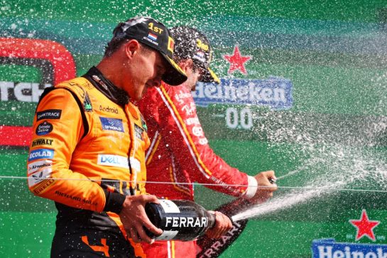 Race winner Lando Norris (GBR) McLaren celebrates on the podium.
25.08.2024. Formula 1 World Championship, Rd 15, Dutch Grand Prix, Zandvoort, Netherlands, Race Day.
- www.xpbimages.com, EMail: requests@xpbimages.com © Copyright: Coates / XPB Images
