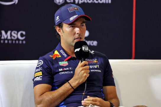 Sergio Perez (MEX) Red Bull Racing in the FIA Press Conference.
29.08.2024. Formula 1 World Championship, Rd 16, Italian Grand Prix, Monza, Italy, Preparation Day.
- www.xpbimages.com, EMail: requests@xpbimages.com © Copyright: Bearne / XPB Images