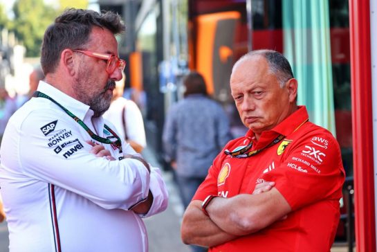 (L to R): Gwen Lagrue, Head of Mercedes AMG Driver Development with Frederic Vasseur (FRA) Ferrari Team Principal.
30.08.2024. Formula 1 World Championship, Rd 16, Italian Grand Prix, Monza, Italy, Practice Day.
- www.xpbimages.com, EMail: requests@xpbimages.com © Copyright: Batchelor / XPB Images