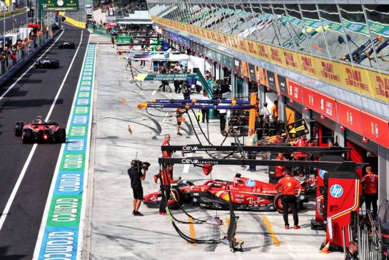 Charles Leclerc (MON) Ferrari SF-24 and Carlos Sainz Jr (ESP) Ferrari SF-24 leave the pits.
31.08.2024. Formula 1 World Championship, Rd 16, Italian Grand Prix, Monza, Italy, Qualifying Day.
- www.xpbimages.com, EMail: requests@xpbimages.com © Copyright: Coates / XPB Images