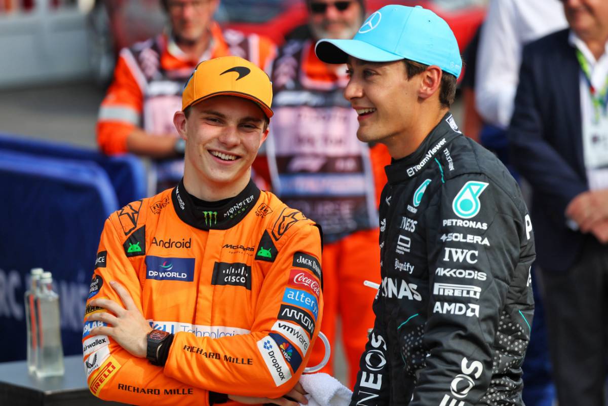 (L to R): second placed Oscar Piastri (AUS) McLaren in qualifying parc ferme with third placed George Russell (GBR) Mercedes AMG F1.
31.08.2024. Formula 1 World Championship, Rd 16, Italian Grand Prix, Monza, Italy, Qualifying Day.
- www.xpbimages.com, EMail: requests@xpbimages.com © Copyright: Batchelor / XPB Images
