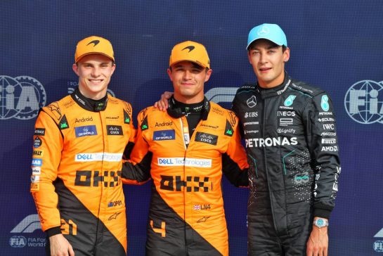Qualifying top three in parc ferme (L to R): Oscar Piastri (AUS) McLaren, second; Lando Norris (GBR) McLaren, pole position; George Russell (GBR) Mercedes AMG F1, third.
31.08.2024. Formula 1 World Championship, Rd 16, Italian Grand Prix, Monza, Italy, Qualifying Day.
- www.xpbimages.com, EMail: requests@xpbimages.com © Copyright: Batchelor / XPB Images