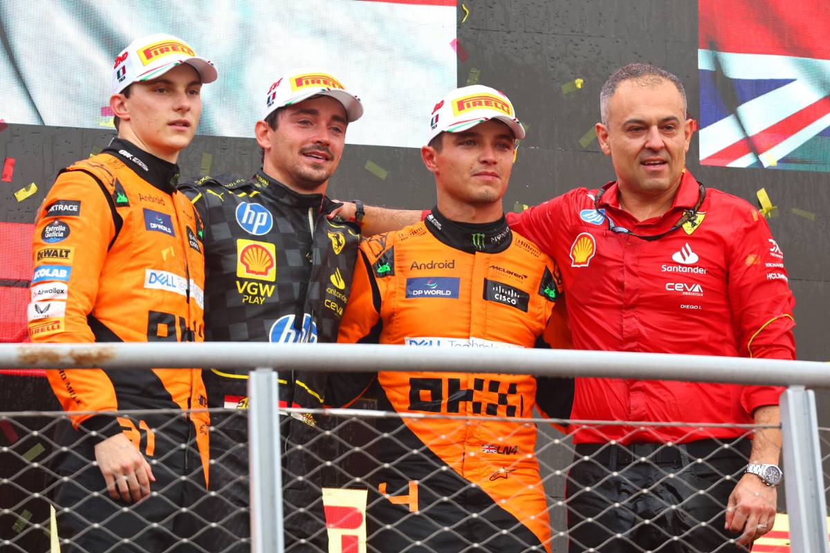 1st place Charles Leclerc (MON) Ferrari SF-24, 2nd place Oscar Piastri (AUS) McLaren MCL38, 3rd place Lando Norris (GBR) McLaren MCL38 and Diego Ioverno (ITA) Ferrari Sporting Director Ferrari. 01.09.2024. Formula 1 World Championship, Rd 16, Italian Grand Prix, Monza, Italy, Race Day. - www.xpbimages.com, EMail: requests@xpbimages.com © Copyright: Batchelor / XPB Images