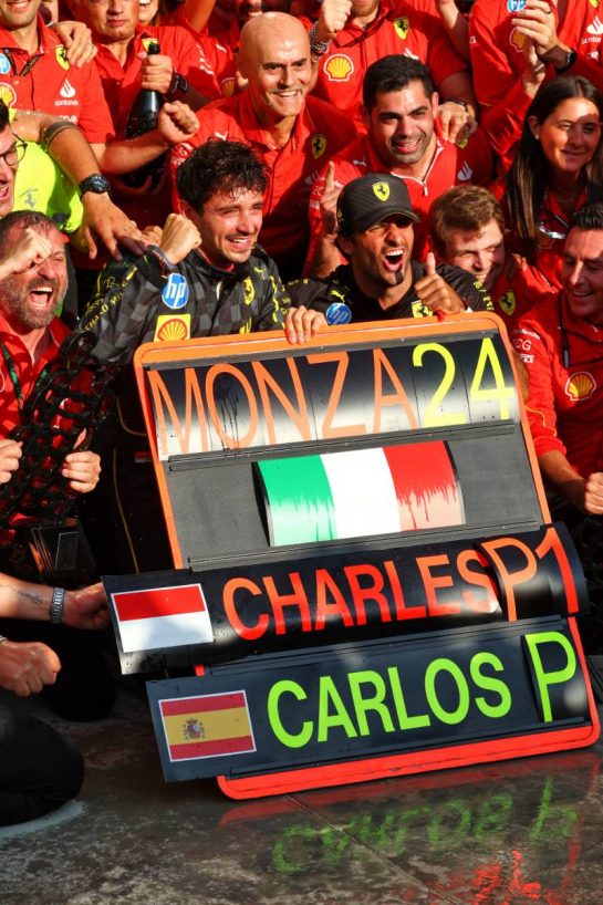 Race winner Charles Leclerc (MON) Ferrari celebrates with team mate Carlos Sainz Jr (ESP) Ferrari and the team.
01.09.2024. Formula 1 World Championship, Rd 16, Italian Grand Prix, Monza, Italy, Race Day.
- www.xpbimages.com, EMail: requests@xpbimages.com © Copyright: Coates / XPB Images