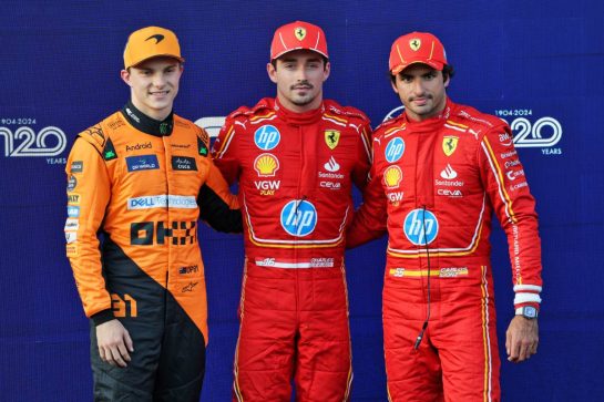Qualifying top three in parc ferme (L to R): Oscar Piastri (AUS) McLaren, second; Charles Leclerc (MON) Ferrari, pole position; Carlos Sainz Jr (ESP) Ferrari, third.
14.09.2024. Formula 1 World Championship, Rd 17, Azerbaijan Grand Prix, Baku Street Circuit, Azerbaijan, Qualifying Day.
- www.xpbimages.com, EMail: requests@xpbimages.com © Copyright: Batchelor / XPB Images