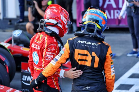 (L to R): Charles Leclerc (MON) Ferrari celebrates his pole position in qualifying parc ferme with second placed Oscar Piastri (AUS) McLaren.
14.09.2024. Formula 1 World Championship, Rd 17, Azerbaijan Grand Prix, Baku Street Circuit, Azerbaijan, Qualifying Day.
- www.xpbimages.com, EMail: requests@xpbimages.com © Copyright: Batchelor / XPB Images