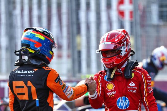 Charles Leclerc (MON) Ferrari (Right) celebrates his pole position in qualifying parc ferme with second placed Oscar Piastri (AUS) McLaren.
14.09.2024. Formula 1 World Championship, Rd 17, Azerbaijan Grand Prix, Baku Street Circuit, Azerbaijan, Qualifying Day.
- www.xpbimages.com, EMail: requests@xpbimages.com © Copyright: Charniaux / XPB Images
