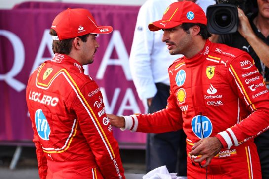 (L to R): Pole sitter Charles Leclerc (MON) Ferrari in qualifying parc ferme with third placed team mate Carlos Sainz Jr (ESP) Ferrari.
14.09.2024. Formula 1 World Championship, Rd 17, Azerbaijan Grand Prix, Baku Street Circuit, Azerbaijan, Qualifying Day.
- www.xpbimages.com, EMail: requests@xpbimages.com © Copyright: Coates / XPB Images