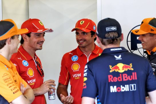 (L to R): Oscar Piastri (AUS) McLaren; Charles Leclerc (MON) Ferrari; Carlos Sainz Jr (ESP) Ferrari; Max Verstappen (NLD) Red Bull Racing; and Lando Norris (GBR) McLaren, on the drivers' parade.
15.09.2024. Formula 1 World Championship, Rd 17, Azerbaijan Grand Prix, Baku Street Circuit, Azerbaijan, Race Day.
- www.xpbimages.com, EMail: requests@xpbimages.com © Copyright: Coates / XPB Images