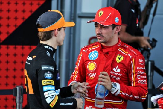 (L to R): Race winner Oscar Piastri (AUS) McLaren in parc ferme with second placed Charles Leclerc (MON) Ferrari.
15.09.2024. Formula 1 World Championship, Rd 17, Azerbaijan Grand Prix, Baku Street Circuit, Azerbaijan, Race Day.
- www.xpbimages.com, EMail: requests@xpbimages.com © Copyright: Batchelor / XPB Images