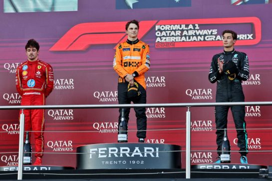 The podium (L to R): Charles Leclerc (MON) Ferrari, second; Oscar Piastri (AUS) McLaren, race winner; George Russell (GBR) Mercedes AMG F1, third.
15.09.2024. Formula 1 World Championship, Rd 17, Azerbaijan Grand Prix, Baku Street Circuit, Azerbaijan, Race Day.
- www.xpbimages.com, EMail: requests@xpbimages.com © Copyright: Batchelor / XPB Images