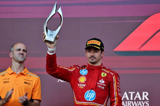Charles Leclerc (MON) Ferrari celebrates his second position on the podium.
15.09.2024. Formula 1 World Championship, Rd 17, Azerbaijan Grand Prix, Baku Street Circuit, Azerbaijan, Race Day.
- www.xpbimages.com, EMail: requests@xpbimages.com © Copyright: Batchelor / XPB Images